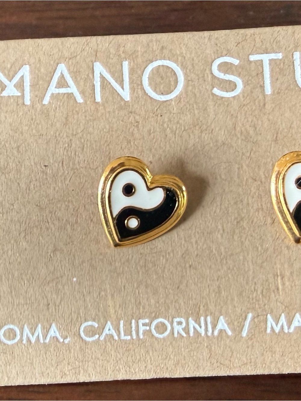 Gold Heart Yin Yang Enamel Stud Earrings - Black & White